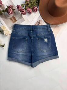Women's Denim Shorts, Casual Rolled Hem With Cat Whisker Details At Ankle, Lightweight Patchwork Design, Summer - Blue - View 7