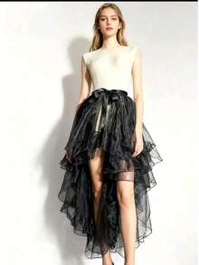 一件式女士不规则下摆连衣裙，可选颜色：白色、黑色、红色、粉色、浅蓝色、香槟色，不对称设计，前短后长燕尾，不规则美人鱼款式，多层薄纱裙摆，飘逸演出服，3-6层瑞士网纱长裙，一体式围裙，荷叶边拖地裙摆，适合婚礼、宴会、演出、派对、新娘、伴娘、舞台表演、角色扮演、旅行摄影道具、舞蹈表演、万圣节服装等场合。 - 彩色 - 查看 10