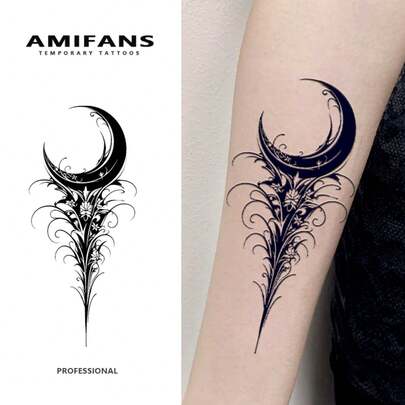 AMIFANS Crescent Moon & Floral Vine Temporary Tattoos, Semi-Permanent Tattoos, Lasting 1-2 Weeks, Durable Tattoos, Fruit Juice Tattoos, Realistic Tattoos, Romantic Tattoos, Fake Tattoos, Waterproof, Authentic Tattoo Appearance, Niche Design Tattoos, Fruit Tattoos, Plant Tattoos