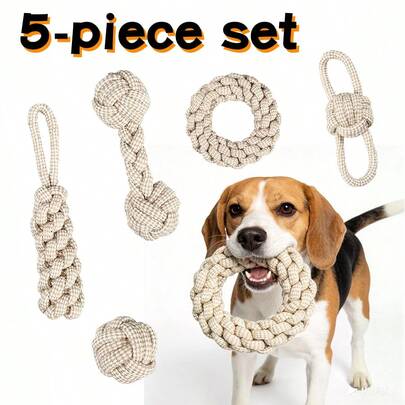 Bộ 5 món đồ chơi dây thừng bện thủ công cho chó, đồ chơi gặm cho chó cỡ vừa và nhỏ, kéo co, ném bắt, chăm sóc răng miệng, đồ chơi tương tác cho thú cưng.