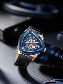 LONGLUX 1pc Men's Automatic Mechanical Watch, Blue & Gold Contrast Hollow Dial, Dual-Layer Leather Strap, Personalized Wristwatch For Daily Wear - Multicolor - View 4