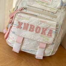 Mochila bordada de alta calidad y moda, bolsa escolar casual de gran capacidad para estudiantes con colgante - Blanco - Ver 4