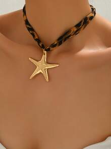 1pc Bohemian Leopard Print Rope With Chunky Starfish Necklace For Women Beach Choker Neck Jewelry Gift - Multicolor - View 2