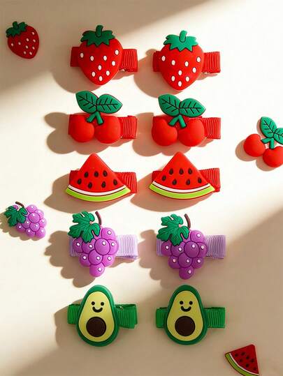 10pcs Fruit Hair Clips Set, Strawberry, Cherry, Watermelon, Grape BB Clips, Red, Purple, Green Clamps, Cute Princess Hair Accessories Suitable For Girls & Teenagers, Spring/Summer