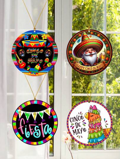 Cinco De Mayo CINE DE MAYO FIESTA Colorful Donkey, Sugar Skull, Guitar, Sombrero, Cactus Round Acrylic Hanging Decor, Wall Decor, Window Hanging Memorial Gift, Holiday Decoration