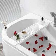 Extendable Bath Tub Caddy, Foldable Wooden Bathtub Storage Rack, Bath Tub Phone Holder Shelf - White - View 6