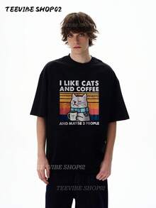 Black Patterned T-Shirt – Featuring Charming Cats, Coffee And A Blue Scarf, With The Text "I LIKE CATS AND COFFEE" On The Front And "AND MAYBE 3 PEOPLE" On The Back, Presented On A Retro Sunset Gradient Background, Perfect For Leisure Outings And Coffee Lovers – Short Sleeves, Crew Neck, Comfortable Fit. - Black - View 1