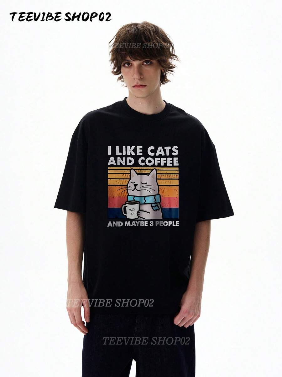 Black Patterned T-Shirt – Featuring Charming Cats, Coffee And A Blue Scarf, With The Text "I LIKE CATS AND COFFEE" On The Front And "AND MAYBE 3 PEOPLE" On The Back, Presented On A Retro Sunset Gradient Background, Perfect For Leisure Outings And Coffee Lovers – Short Sleeves, Crew Neck, Comfortable Fit. - Black - View 1
