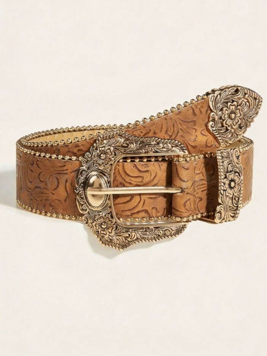 1条女士西部牛仔风格压花串珠扣PU皮革腰带，适合日常佩戴 - 駝色 - 查看 1