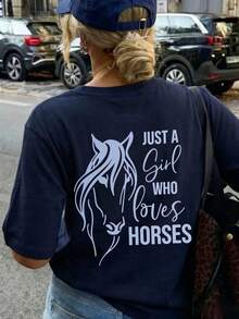 女士时尚夏季圆领短袖T恤，休闲百搭。马术主题休闲风格，“Just A Horse Lover”英文字母印花图案，适合街头、休闲、聚会、派对等各种场合。 - 藏青 - 查看 2