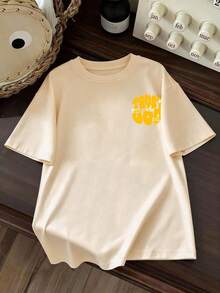 Conjunto casual para adolescentes com camiseta de manga curta e gola redonda com estampa de slogan + calça cargo, confortável e perfeito para o verão. - Damasco - Ver 3