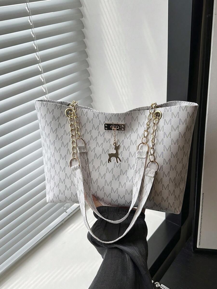 Bolso de hombro con cadena, nuevo para primavera 2026, estilo europeo y americano, versátil bolso de mano tipo tote para mujer, estilo Ins - Blanco - Ver 1