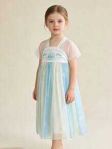 Balabala 2025年女童刺绣中国风连衣裙，现代中国风夏季服装 - 藍色調 - 查看 1