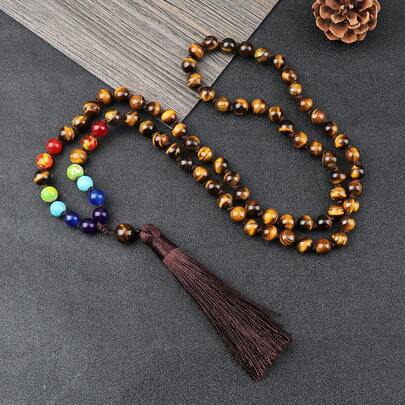 8mm Natural Tiger Eye Beads Necklace 7 Chakra Healing Prayer Beads Tassel Pendant Necklace For Men Couple Yoga Meditation Jewelry