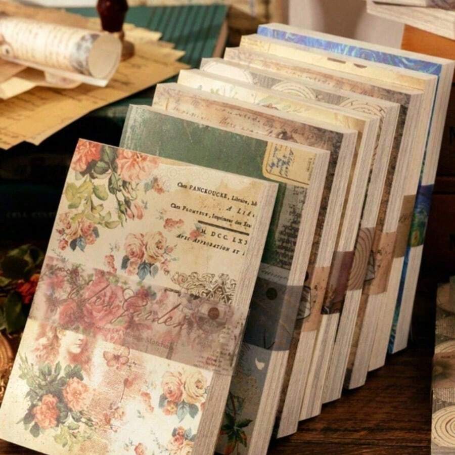 100 Sheets/Book Vintage Scrapbooking Papers, DIY Decorative Stationery, Holiday Gifts, Craft Materials, Personalized Scrapbooking, School Supplies (8 Assorted Styles Randomly Shipped),School Supplies,Back To School - 彩色 - 查看 1