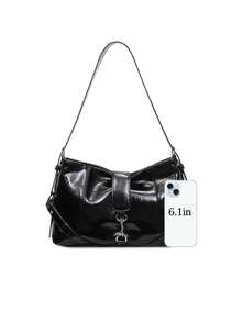 This Fashionable Modern Women's Shoulder Bag Features Metal Decorative Straps, A Unique High-End Design With Metal Buckle Details, And A Contemporary Commuter-Style All-Black Color Scheme. - Black - View 8