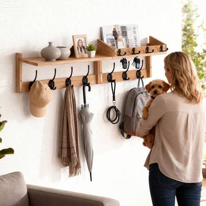 4-In-1 Coat Rack Wall Mount – Entryway Key And Mail Organizer With Shelf, 11 Hooks, And Wooden Wall Design For Modern Farmhouse Home Decor, And Display Shelf For Entryway Storage