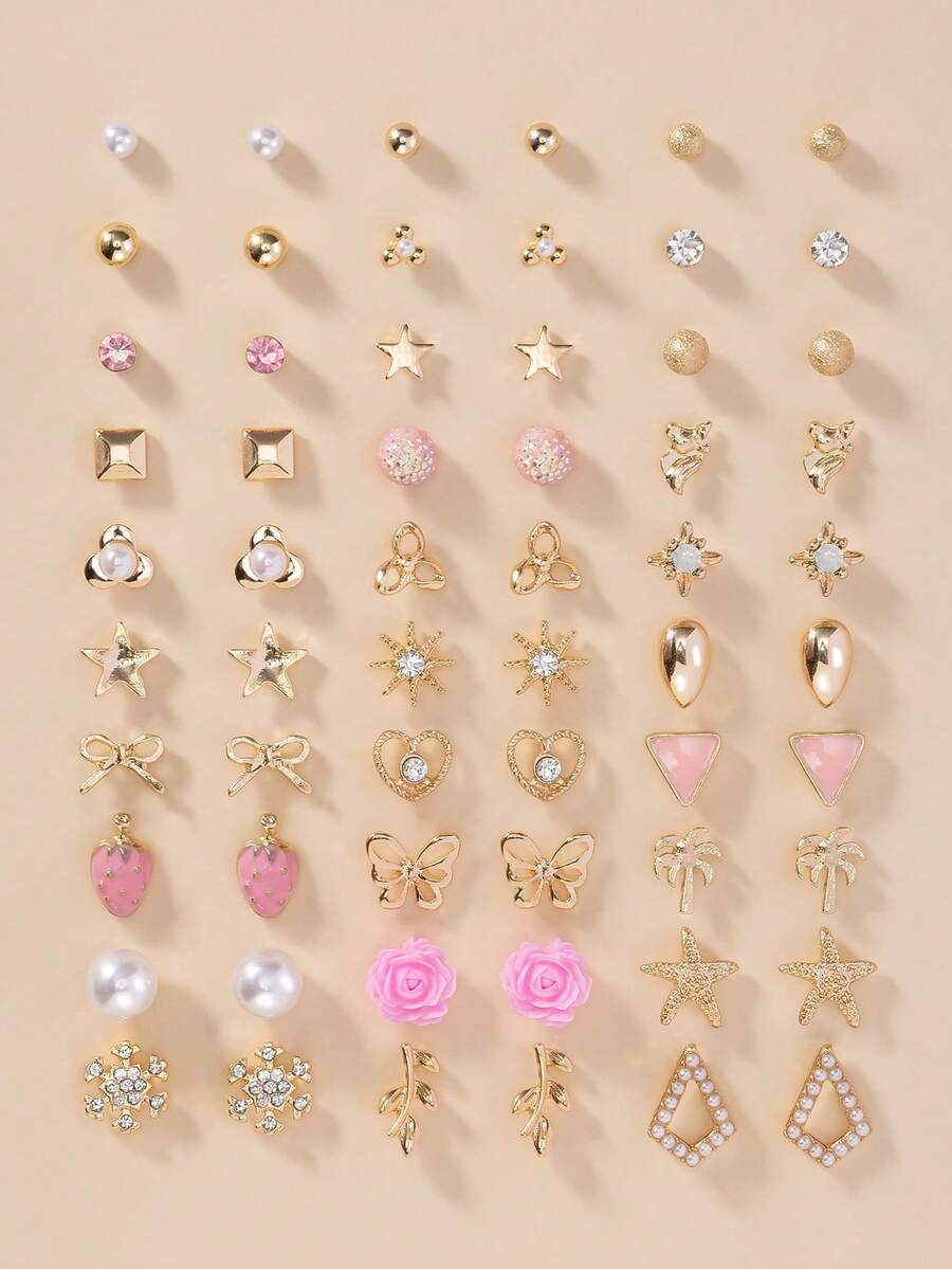 30 Pairs Women's Delicate Metal Tree, Shell, Pearl, Heart Shaped Earrings Gift Set - Multicolor - View 1