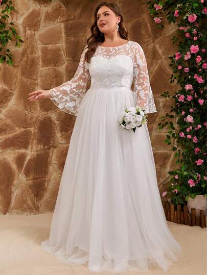 Women Plus Size Elegant Patchwork Elegant Modest Mature Romantic Mesh Applique Wedding Dresses For Bridal Shower, Wedding, Engagement Brunch, Honeymoon Reception, Rehearsal, Prom, Formal Evening, Spring/Summer/Autumn/Winter