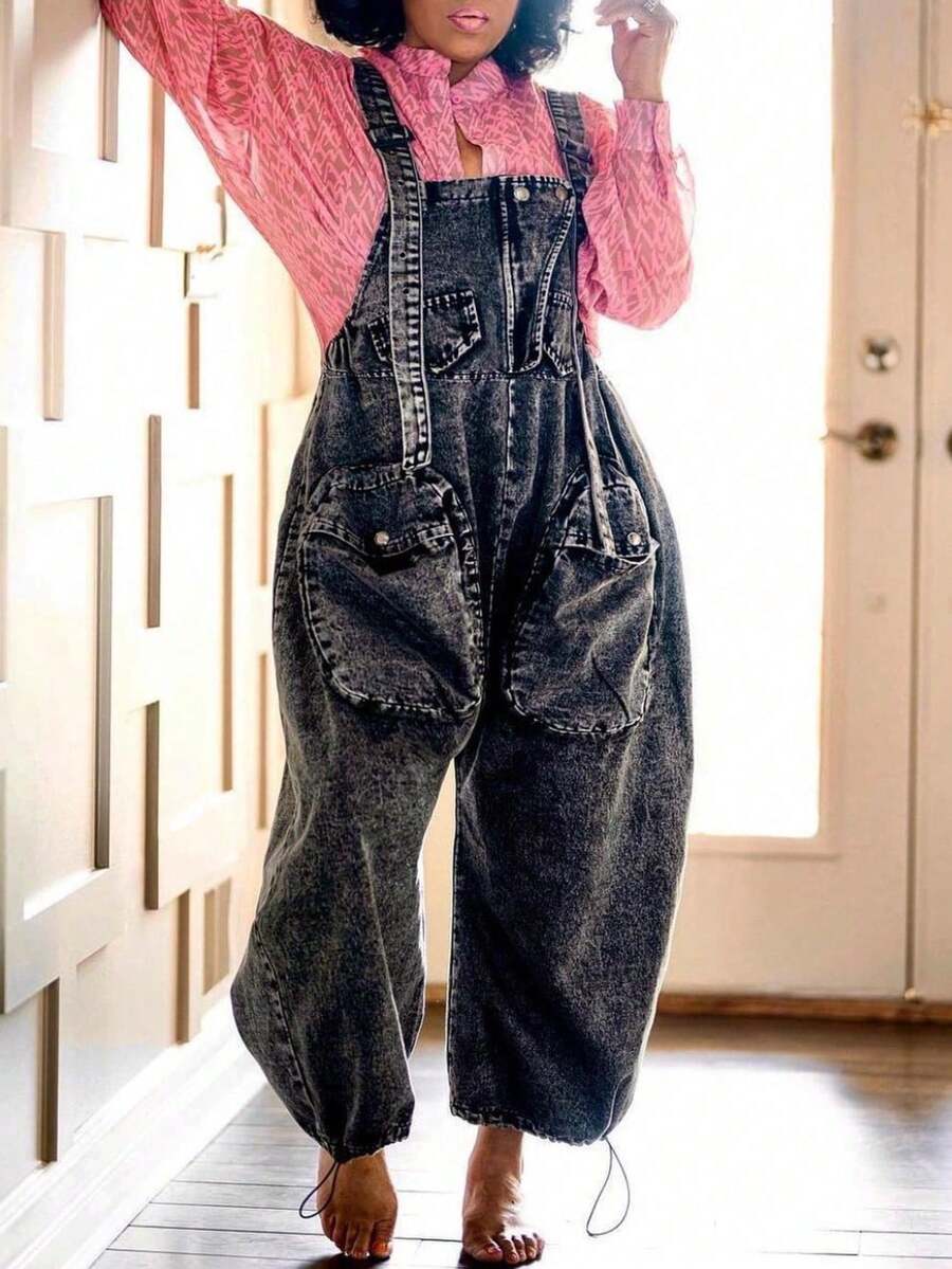 Women's Denim Multi-Pocket Baggy Jumpsuit Overalls: Wide-Leg Relaxed Fit With Drawstring Cuffs - Versatile For Daily Outings, Commute, Travel & Dates - màu đen - Xem 1