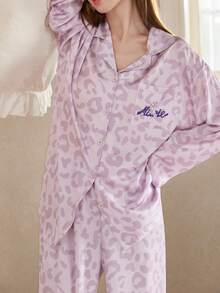 Gongdie 2pcs Disney Marie Cat Spring Long Sleeve Sleepwear Set, 100% Cotton Cartoon Purple Leopard Print Loungewear - Mauve Purple - View 2