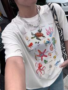 Plus Size Women's Round Neck Loose Short Sleeve T-Shirt With Starfish Print, Bohemian Style Oversized Ocean Animal Pattern Cropped Top, Suitable For Summer - White - View 7