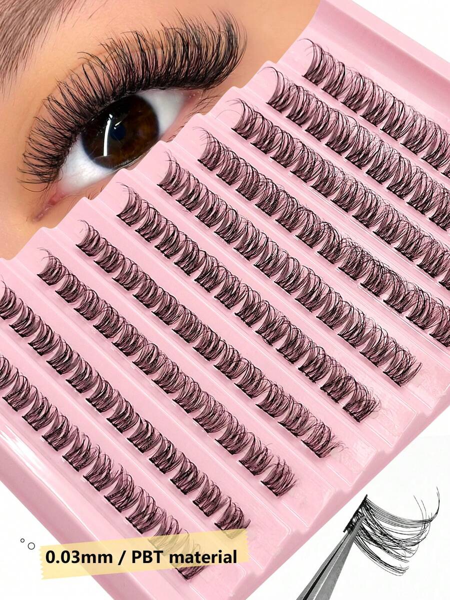 Asiteo 120片D型卷翘假睫毛簇，PBT材质/轻盈，DIY睫毛嫁接，0.03mm超细睫毛带，自然逼真，适合居家DIY，睫毛簇，单根假睫毛，假睫毛，假睫毛 - 黑色 - 查看 1