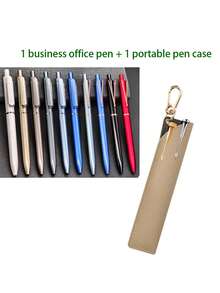 便携式油漆笔袋，触控笔收纳袋挂件，带扣笔盒，商务办公笔，按压式签名笔，0.5mm黑色墨水凝胶笔，金属复古笔杆，速干。（1支按压式签名笔 + 1支带收纳袋的笔） - 荔枝紋 - 查看 15