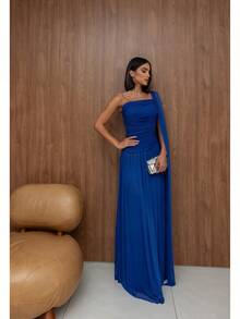 Long, One-Shoulder Party Dress In Dark Nude, Flowing Style, For Bridesmaids/Dates/Graduations/Guests. - Royal Blue - View 2