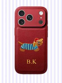 Personalized Litchi Pattern Embroidered Puppy Faux Leather Phone Case, 3D DIY Engraved Letters Initials Name Soft Leather Cover Compatible With 17 16 15 14 13 12 11 Pro Max, Full Camera Protection Anti-Drop Case, Couple Phone Case - Multicolor - View 10