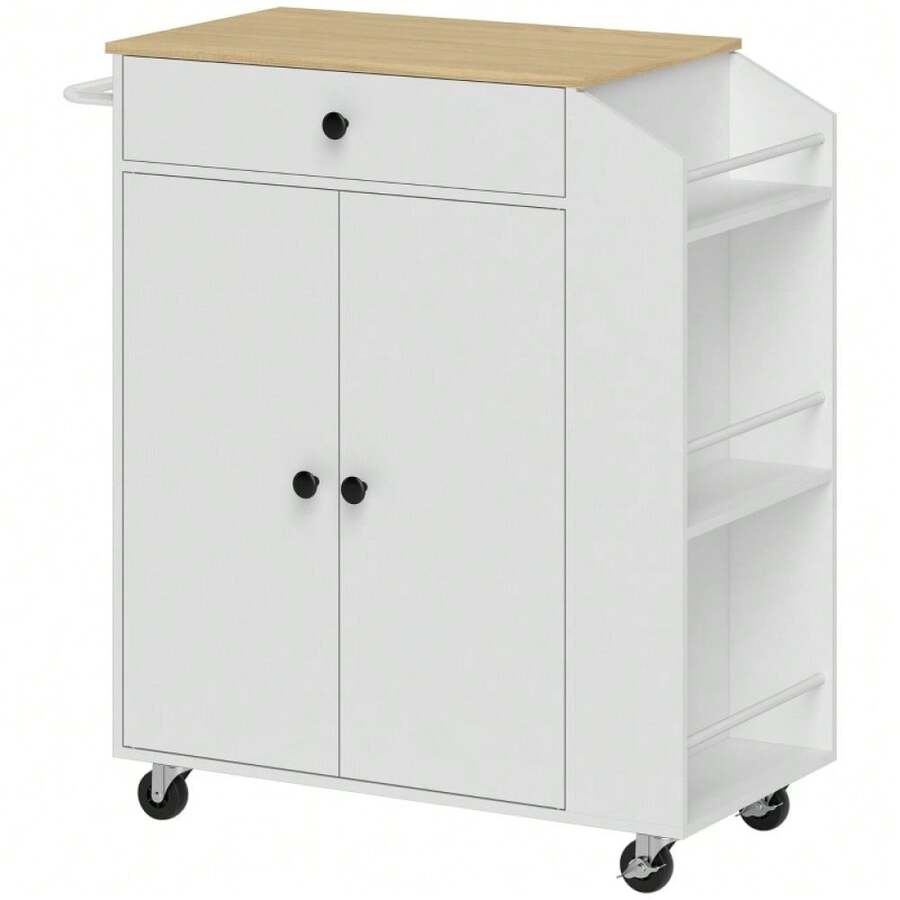Rolling Kitchen Island With 3-Tier Spice Rack Kitchen Storage Cart With Drawer And Towel Rack White - White - View 1