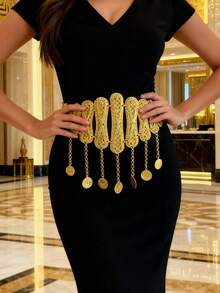 波西米亚风金色几何镂空硬币流苏时尚腰带，适合户外、婚礼、派对等场合佩戴，也是送给朋友和女朋友的礼物。 - 金色 - 查看 2