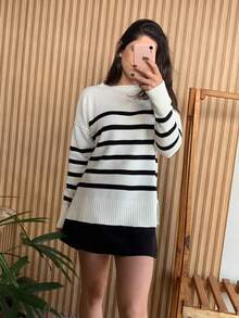 Striped Long-Sleeved Knit Sweater Top, Warm And Comfortable. - White - View 2