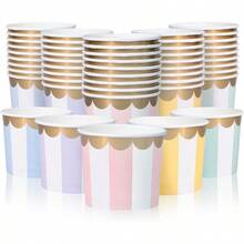 Paper Ice Cream Cups, 50 - Count 11 - Oz Disposable Dessert Bowls For Hot Or Cold Food, 11 - Ounce Party Supplies Treat Cups, 5 Colors Pastel Stripes With Scalloped Gold Foil - 50 - 查看 1