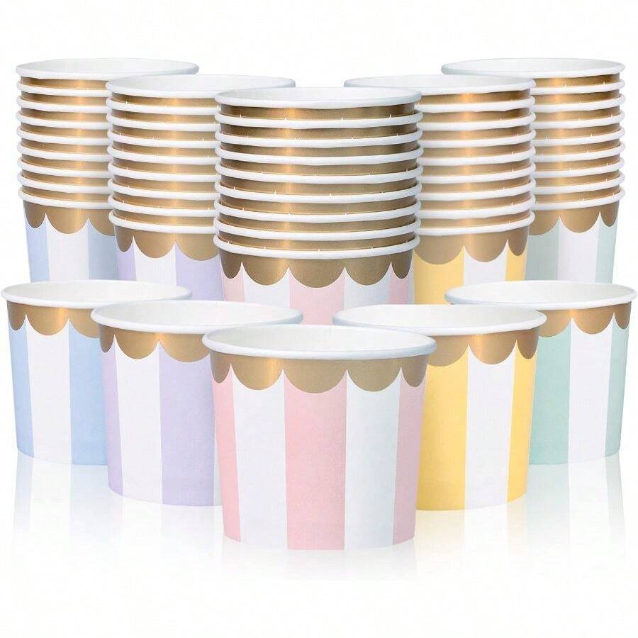 Paper Ice Cream Cups, 50 - Count 11 - Oz Disposable Dessert Bowls For Hot Or Cold Food, 11 - Ounce Party Supplies Treat Cups, 5 Colors Pastel Stripes With Scalloped Gold Foil - 50 - 查看 1