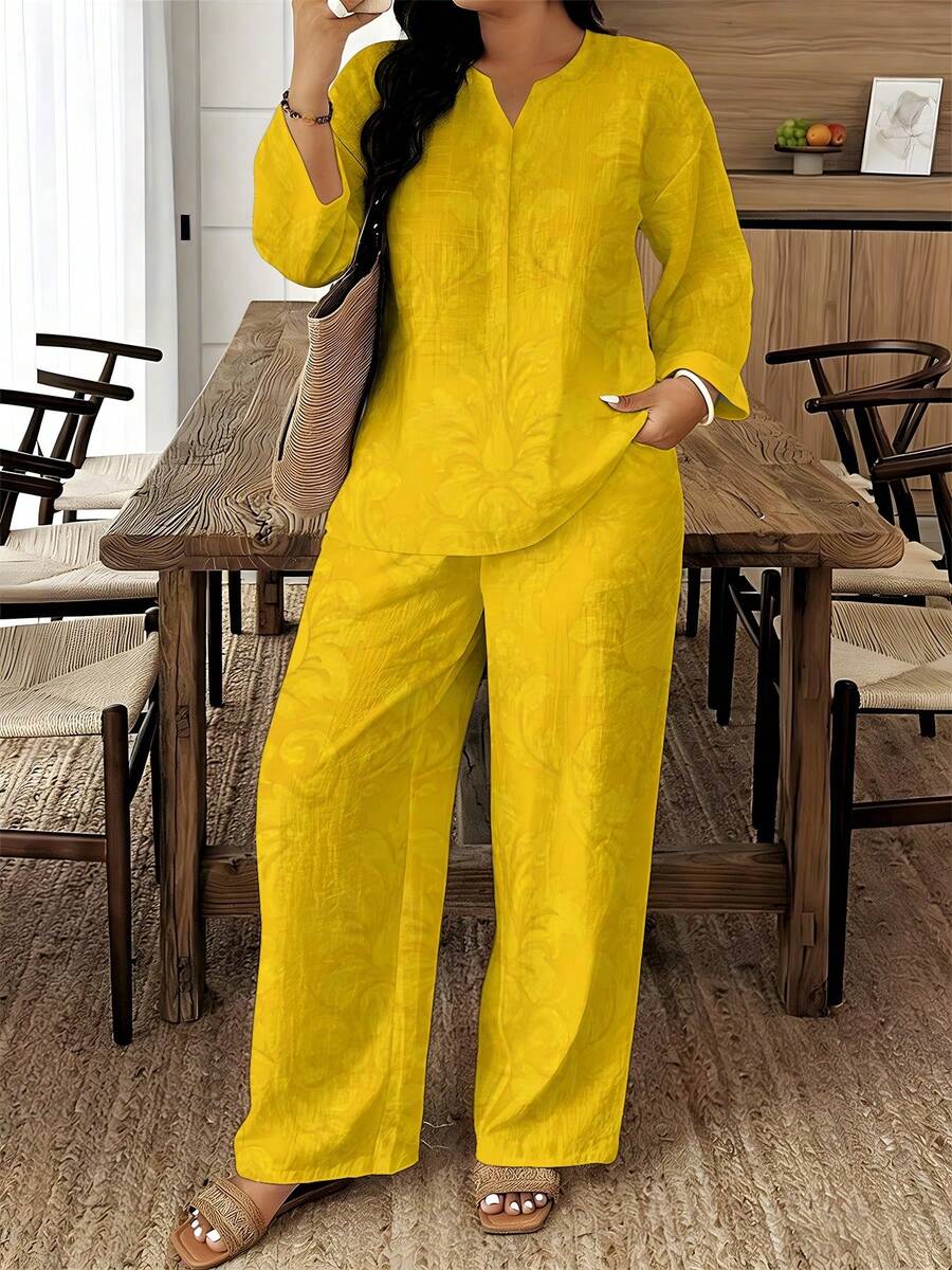 Plus Size V-Neck Half Sleeve Top & Wide Leg Pants Two-Piece Set For Mature Women, Bright Yellow Retro Floral Print, Loose Breathable Outfit, Comfortable Versatile Wear For Spring/Summer Travel & Home - 彩色 - 查看 1