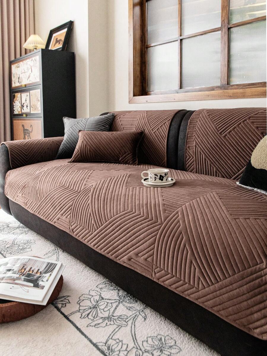 1件刺绣毛绒沙发靠垫套，纯色几何线条花卉图案，防滑防刮，四季皆宜，易于清洁，节日及家居装饰，适用于1/2/3/4人沙发 - 棕色 - 查看 1