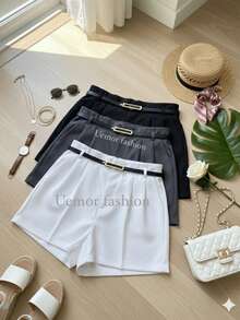 Set Of 3 Women's Casual Tailored Shorts With Belt - Summer 2026  - Pockets, Zipper Closure, And Belt - 灰/黑白 - 查看 1