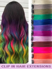 1 Piece Real Human Hair Clip-In Hair Extensions, Multiple Colors Available, Colored Hairpieces, 16 Inch Straight Human Hair Extensions For Women, Add Hair Volume, Natural & Fluffy, Suitable For Parties, Cosplay & Other Occasions - Multicolor - View 1