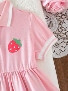 Strawberry Print Short Sleeve Lapel Open Front Casual Dress, Summer - Pink - View 4
