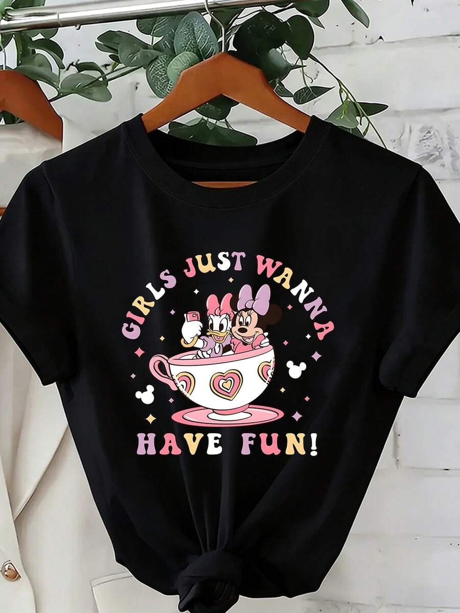 Disney (Loose Version)Women's Cute Black Cotton Round Neck Short Sleeve Tee With Fun Minnie Mouse And Daisy Duck Graphic Print Short-Sleeved Round Neck Casual Shirt Necessary In Summer, Suitable For Summer And Spring, Holiday Gift Party Clothing, Ladies' Clothing. - 黑色 - 查看 1