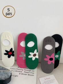 5 Pairs Random Women's Summer Breathable Thin Boat Socks, Low-Cut Breathable Non-Slip Invisible Socks, New Floral Design - Multicolor - View 6