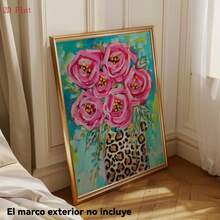 1 pieza de obra de arte de rosas rosas con un jarrón de leopardo: un diseño floral vibrante y colorido, perfecto para decoración con efecto dopamina. Esta pintura sobre lienzo sirve como decoración para el hogar y viene - negro - Ver 4