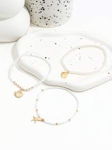 Set Gelang Kaki Fashion Gaya Bohemian 3 Buah dengan Manik-Manik Paduan Logam, Kerang & Bintang Laut, Gelang Kaki Tali Elastis Manik-Manik Berlapis untuk Wanita - Emas - View 5