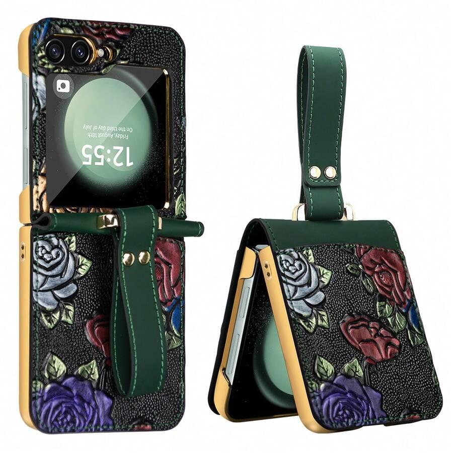 VIETAO 高品質電鍍 PC 花卉設計人造皮革手機殼,相容 Galaxy Z Flip 3 4 5 6 7 Flip6 Flip5 Flip4 - 綠色 - 查看 1