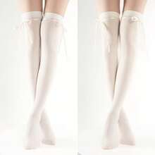 Lace-Up Bowknot JK Over--Knee Lace Socks, Summer Desire Style Thigh-High Socks, Spliced White Stockings Women, Versatile And Slimming - 白色白色絲帶 - 查看 2