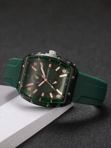 1pc Women's Silicone Watch, Fashion Casual Barrel-Shaped Dual-Eye Numeric Dial Quartz Wristwatch, Minimalist Design (Watch Only, No Box) - Green - View 5