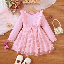 Vestido de malla con parches de mariposa para niñas en primavera/otoño, vestido casual de princesa con cuello redondo, manga larga, decoración de moño y empalme de malla, adecuado para niñas de 4 a 7 años para uso diario, al aire libre, calle y fiestas - Rosa - Ver 13