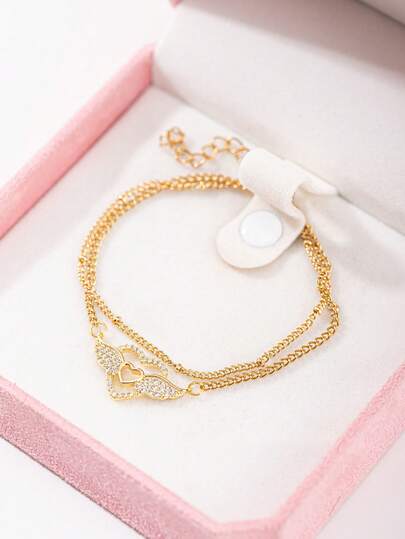 1pc Fashion Minimalist Women Bracelet With Double Heart Wing Pendant, Suitable For Daily Wear, Gift For Friends (No Box)