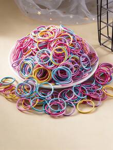 100 piezas/paquete Lazos de pelo coloridos para niñas, suaves con el cabello, alta elasticidad, tamaño pulgar - Multicolor - Ver 4